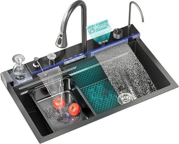 Luxury Kitchen Sink With Flying Rain Waterfall and Digital Display - Large Single Slot Dishwasher Mermaid Piano Sink