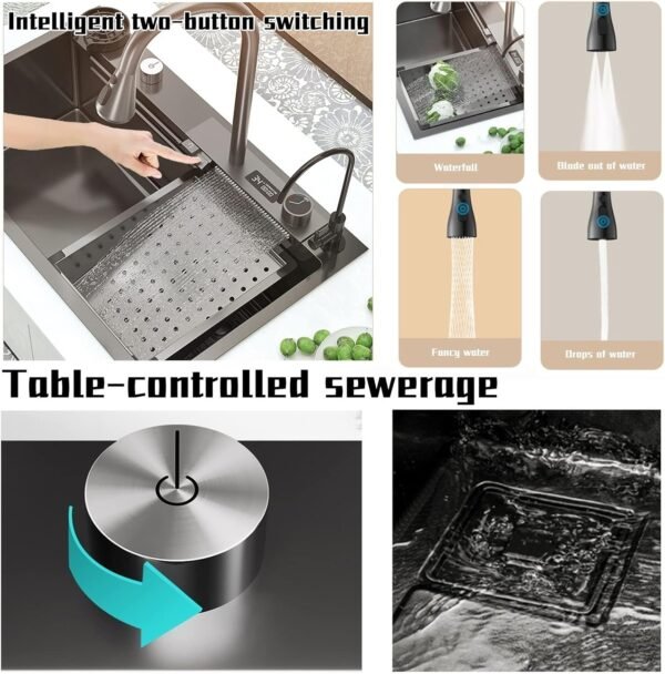 Luxury Kitchen Sink With Flying Rain Waterfall and Digital Display - Large Single Slot Dishwasher Mermaid Piano Sink - Image 4