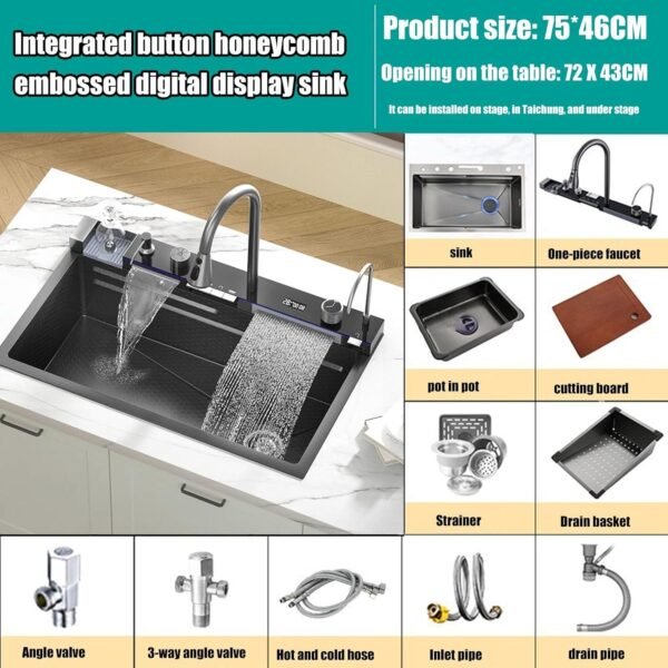 Luxury Kitchen Sink With Flying Rain Waterfall and Digital Display - Large Single Slot Dishwasher Mermaid Piano Sink - Image 2