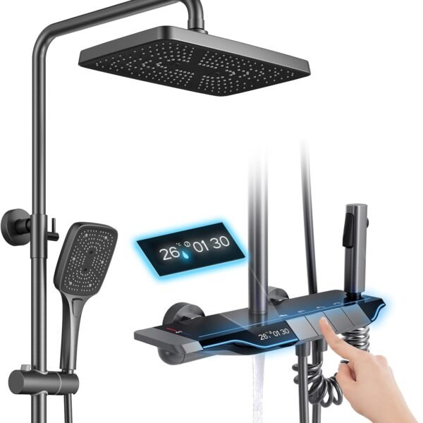 Shower System Thermostatic Piano Key Shower Faucet Set with Digital Display Ambient Lights Shower Combo Set with 12" Rain Shower Head, Tub Spout, Hand.. |  AKT SANITARY