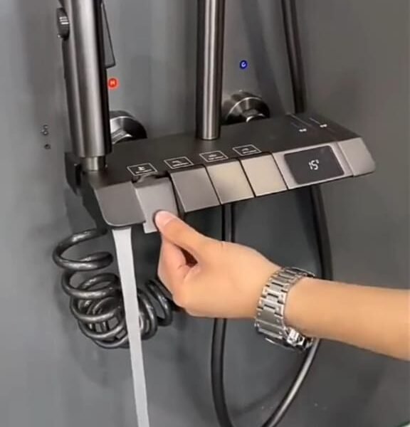 A.K.T | Thermostatic Shower Set, Stainless Steel & Brass, Gun chrome, Real-Time Water Temperature Display, Rainfall Showerhead, Hand Shower, Bidet Gun, Tub Spout, Piano Shower