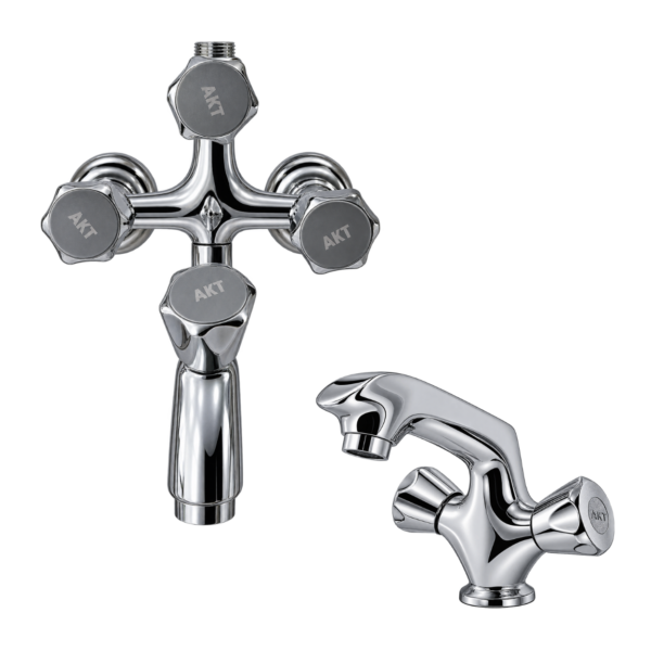 AKT Brass Shower Set, Chrome Cross-Handle Design | Silver Chrome