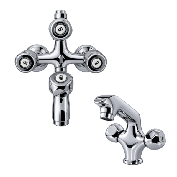 AKT Brass Shower Set, Chrome Cross-Handle Design | Silver Chrome