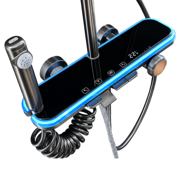 Piano-Style Thermostatic Shower System with Blue LED Digital Temperature Display, Rose Gold Accent | Black