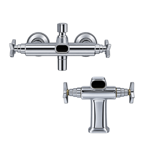 AKT Brass Shower Set, Cross-Handle Design with Ribbed Brass-Ring Accents, Chrome Finish