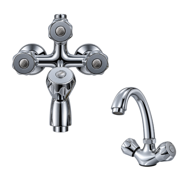 Brass Shower Set, Chrome Cross-Handle Design | Silver Chrome