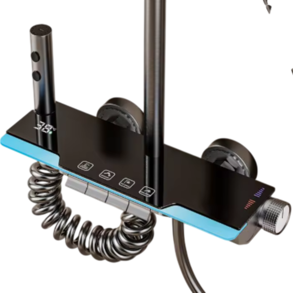 Piano-Style Thermostatic Shower System with Blue LED Edge and Digital Temperature Display | Black