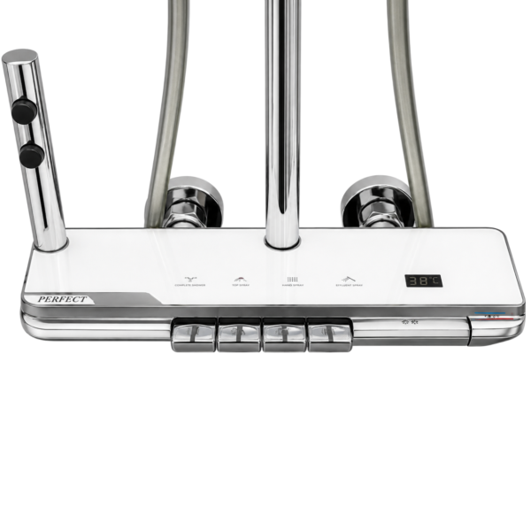 Piano-Style Thermostatic Shower System with Digital Temperature Display, Modern Set | White Chrome