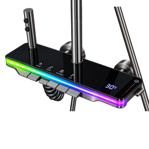 Piano-Style Shower System with RGB LED Light Bar and Digital Temperature Display | Black