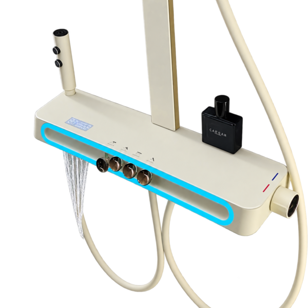 Piano-Style Shower System with Gold Accents and Blue LED Edge Light | Creamy White