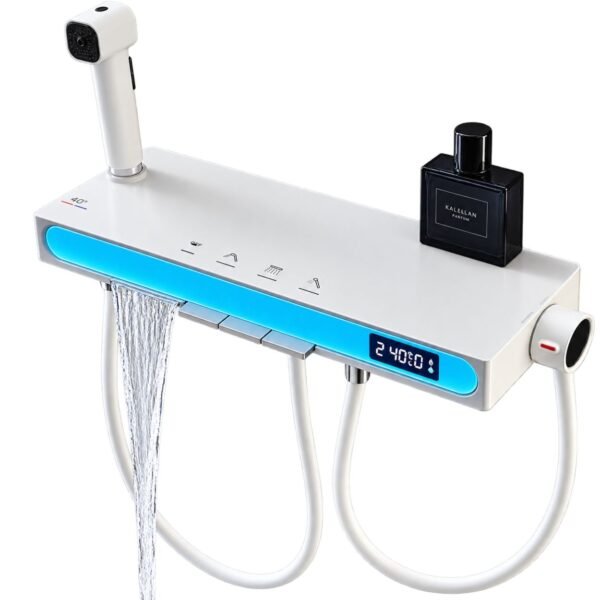 Piano-Style Shower System with Blue LED Panel and Digital Temperature Display | Creamy White